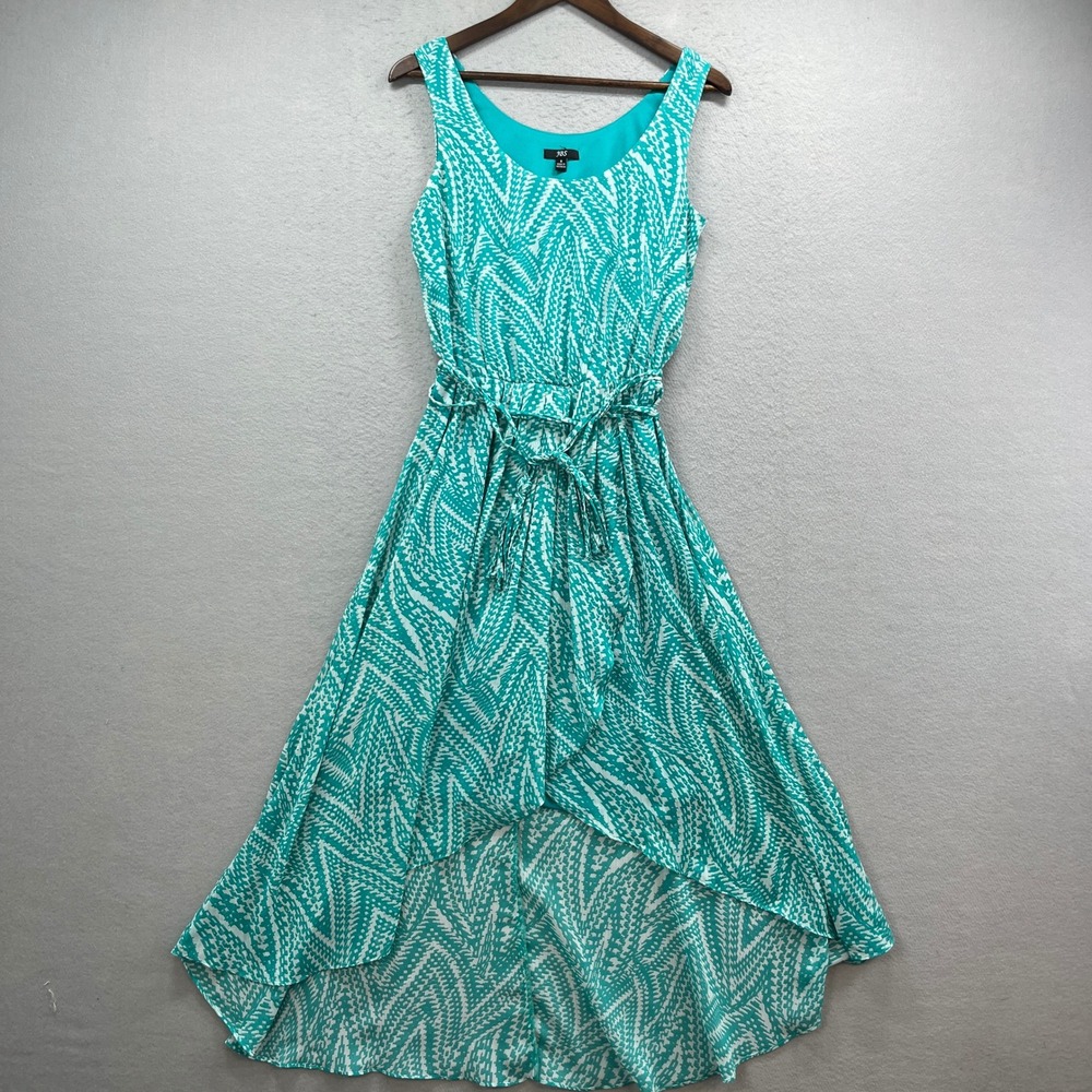 JBS‎ High Low Dress Womens 8 Teal White Sleeveless Belted Abstract Resort Maxi